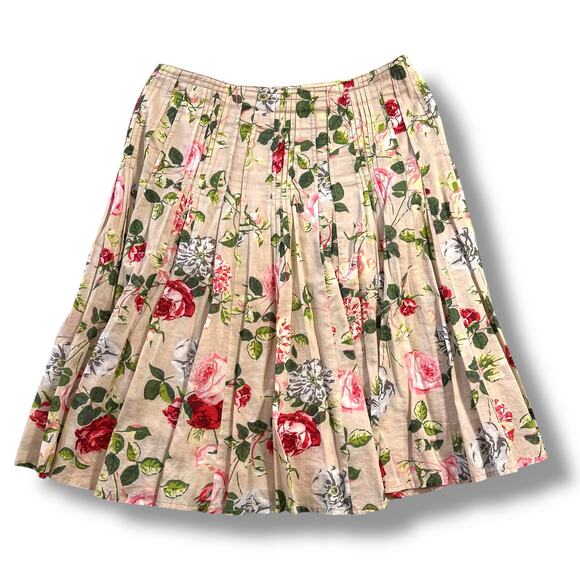 CAbi Womens A Line Midi Skirt Floral Print Pleated Cotton Tan Red Pink Size 8 - Picture 1 of 8